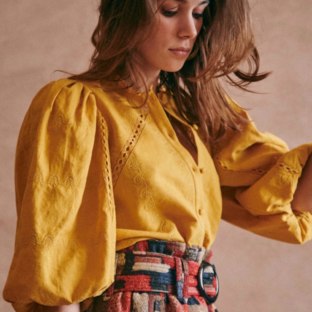 Sezane Anton Mustard Puff Sleeve Blouse